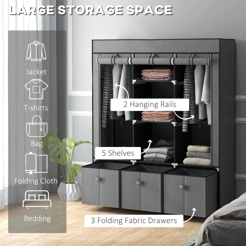 Portable Fabric Wardrobe with Shelves and Hanging Rails for Bedroom Storage Solutions