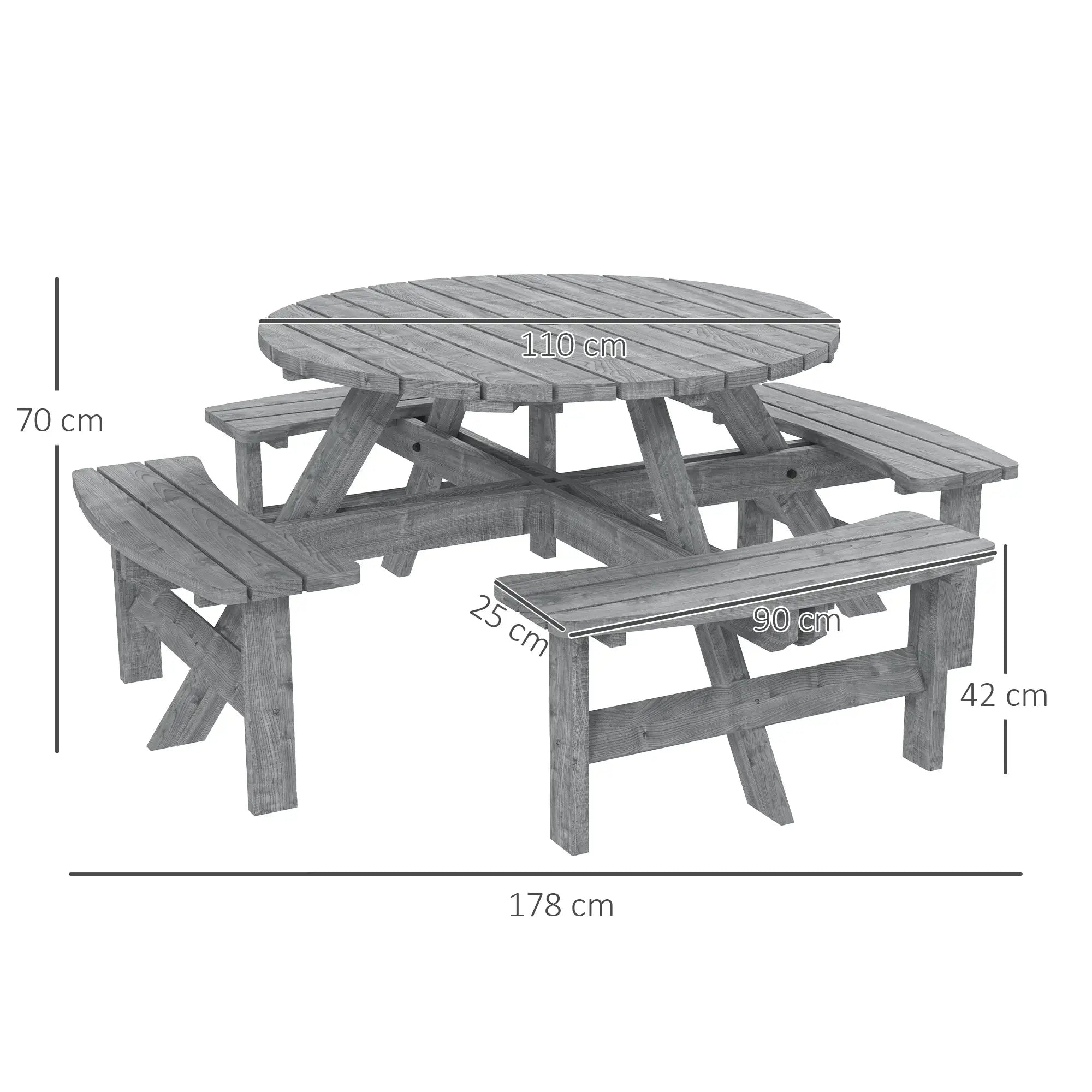 Grey Fir Wood 8-Seater Wooden Picnic Set - Slatted Tabletop - Suits 8 People