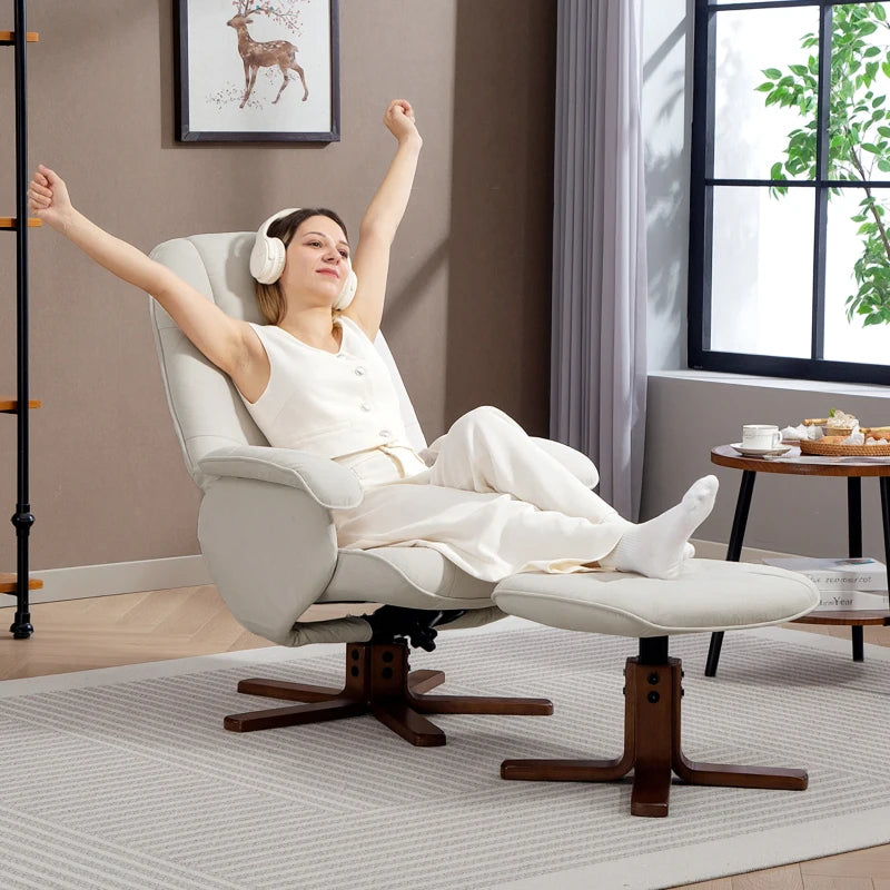 Linen Swivel Recliner Chair with Footstool Upholstered Reclining Armchair with Wooden Base for Living Room Beige