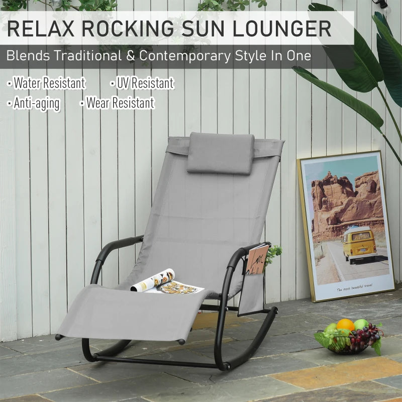 Grey Outdoor Rocking Chair with Mesh Fabric and Storage Bag