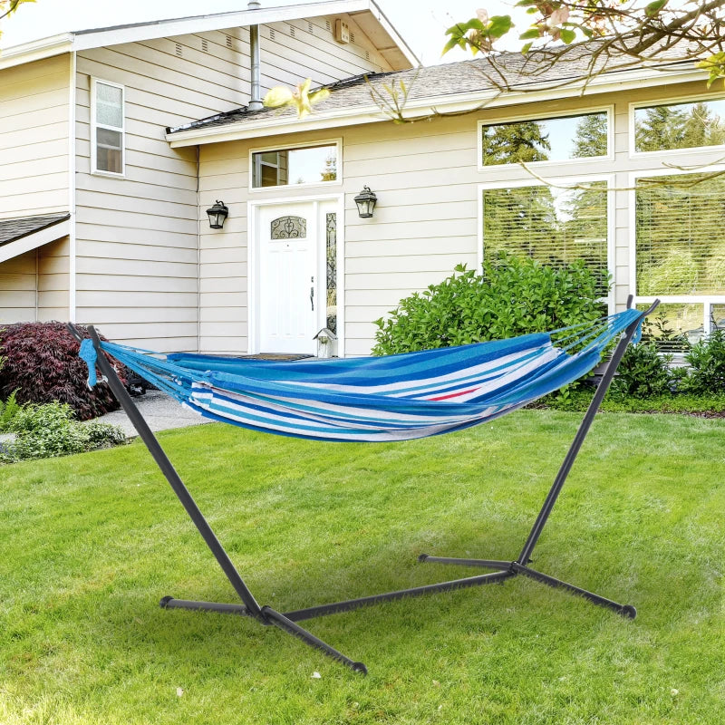 Portable Camping Hammock with Stand - White Stripe, Adjustable Height