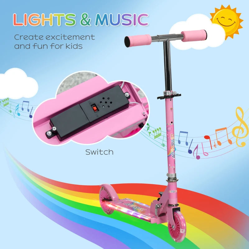 Pink Kids Scooter with Lights & Music, Adjustable Height, Foldable Frame - Perfect for Ages 3-7 Years
