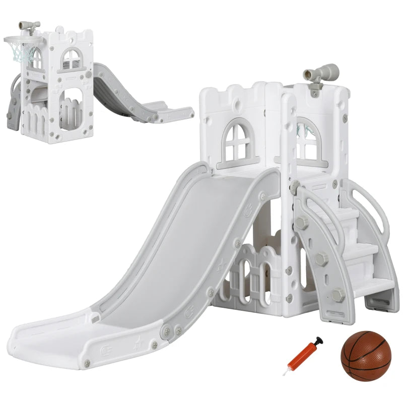 4 in 1 Toddler Slide with Basketball Hoop Climber Telescope Storage Basket for Ages 1 to 3 Years Grey