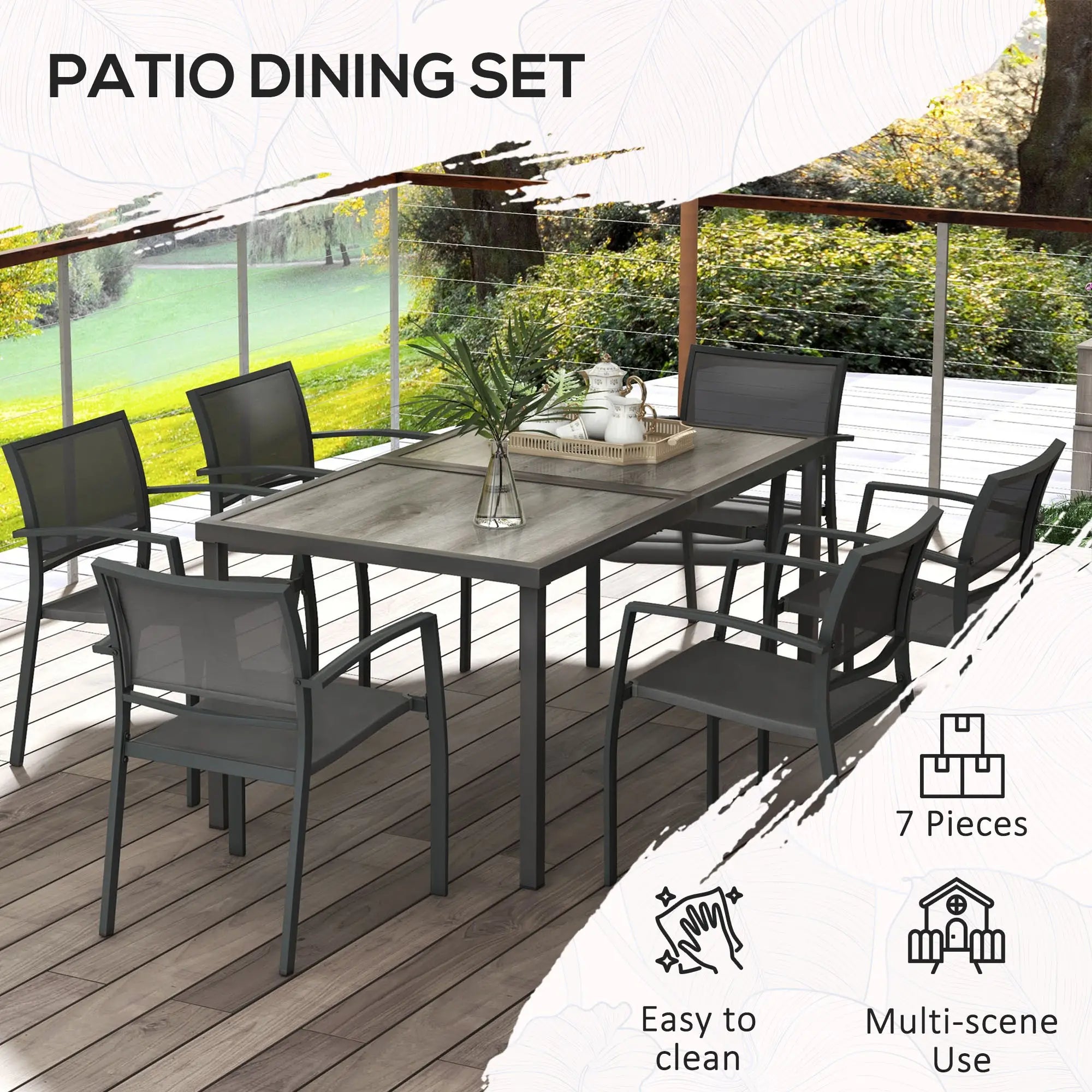 Seven-Piece Casual Outdoor Dining Set With Wood-Effect Table - Grey