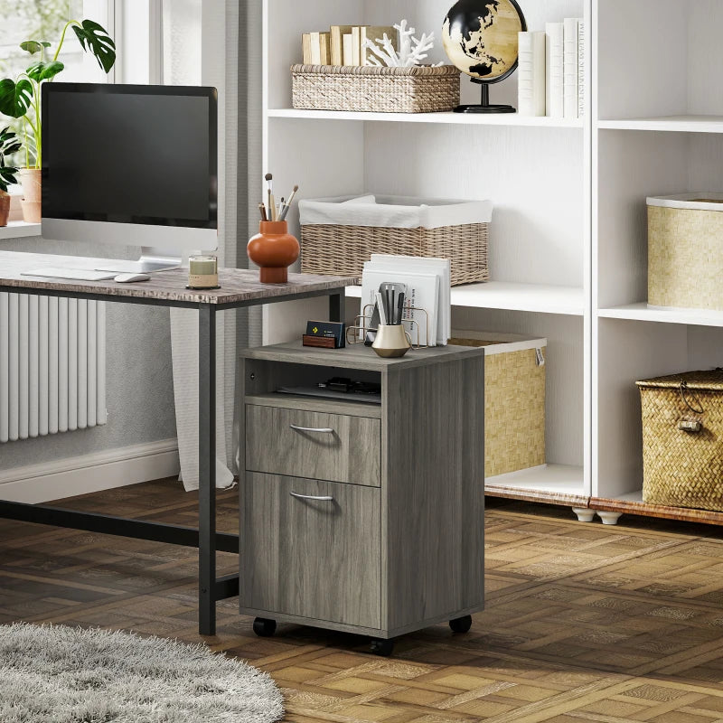 60cm Mobile Filing Cabinet with Drawer & Open Shelf, Grey Office Organizer on Wheels, Ideal for Home & Printer Storage