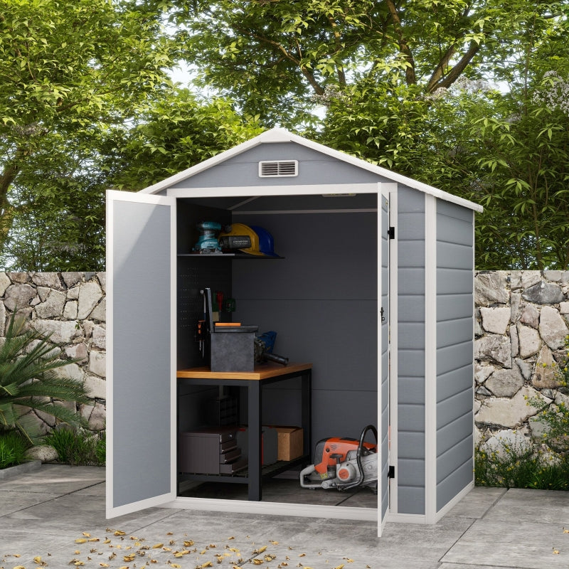 6ft x 4.5ft Grey Metal Shed - Lockable Garden Shed with Double Doors, Window, Vent and Plastic Roof