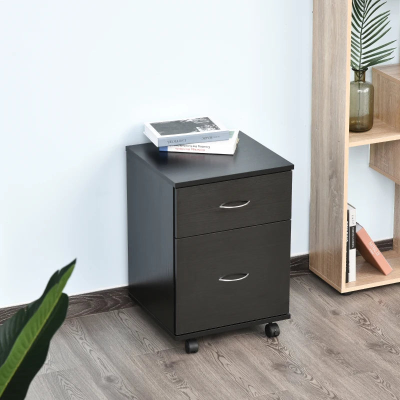 Stylish Black Wood Grain Two Drawer Filing Cabinet on Wheels - Perfect for Home Office Organization
