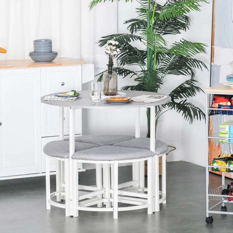 Modern Grey Round Dining Table Set with 4 Upholstered Stools - Stylish Kitchen & Dining Room Furniture