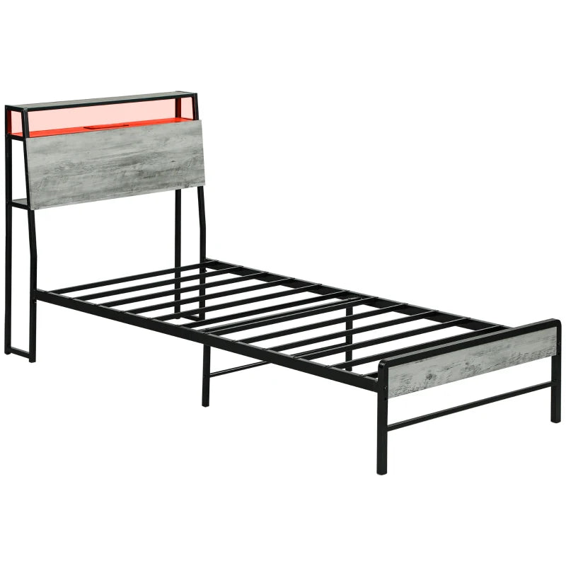 Modern Grey Single Steel Bed Frame with LED Lights & Headboard Shelf - Stylish & Functional Bedroom Furniture