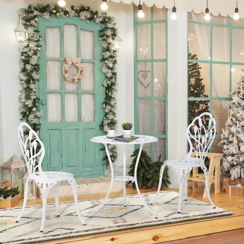 3 Piece White Patio Bistro Set for 2 - Outdoor Aluminium Garden Table and Chairs with Umbrella Hole for Balcony
