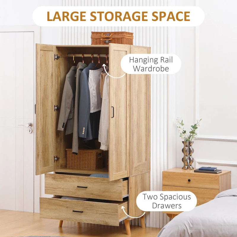 Modern 2 Door Wardrobe with Drawers and Hanging Rail for Stylish Bedroom Storage