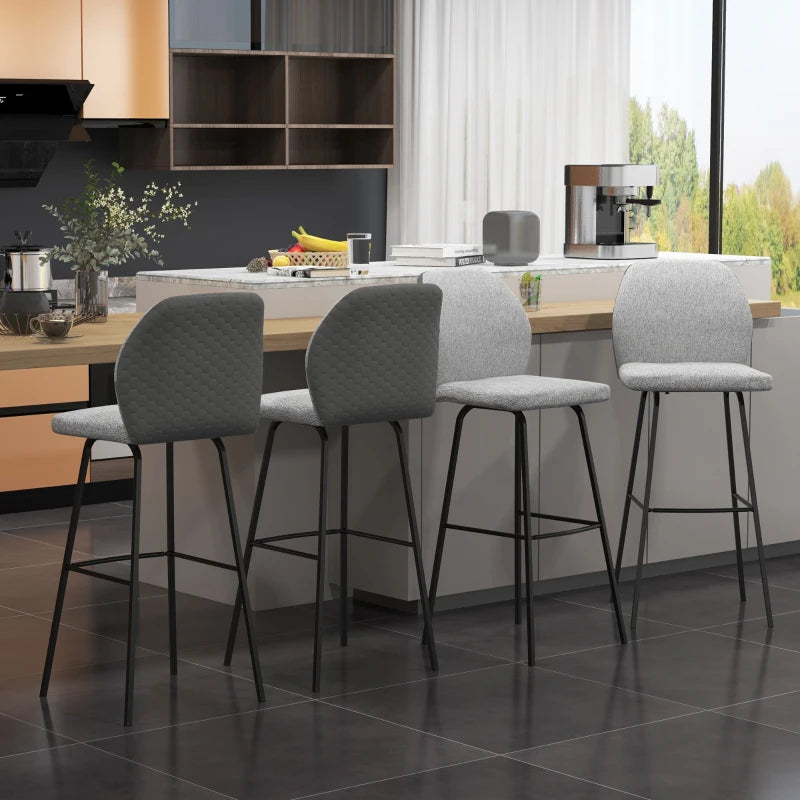 Set of 4 Linen-Touch Upholstered Bar Stools with Backs, Steel Legs - Light Grey Kitchen Chairs for Dining Room