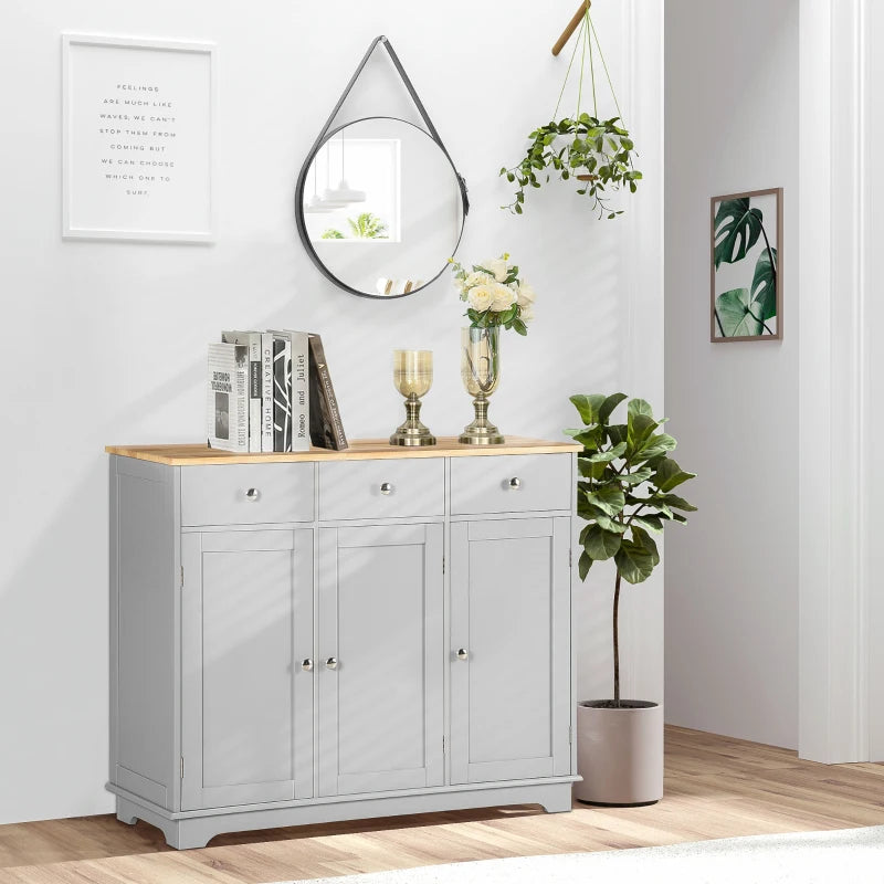 Modern Grey Sideboard with Rubberwood Top & Adjustable Shelves - Perfect for Dining Room & Kitchen Storage