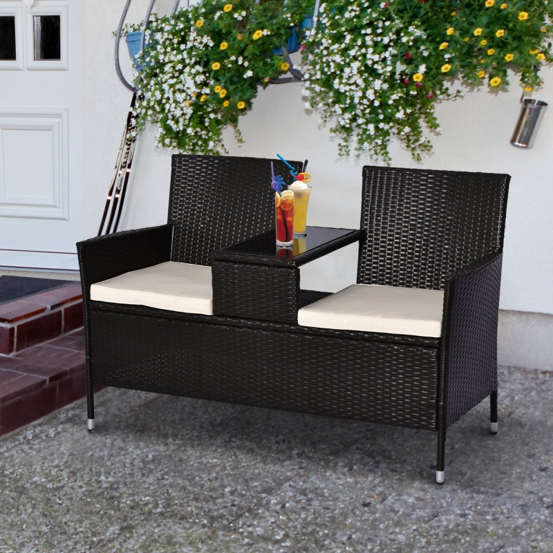 Dark Brown Rattan 2-Seater Outdoor Patio Loveseat with Drink Table