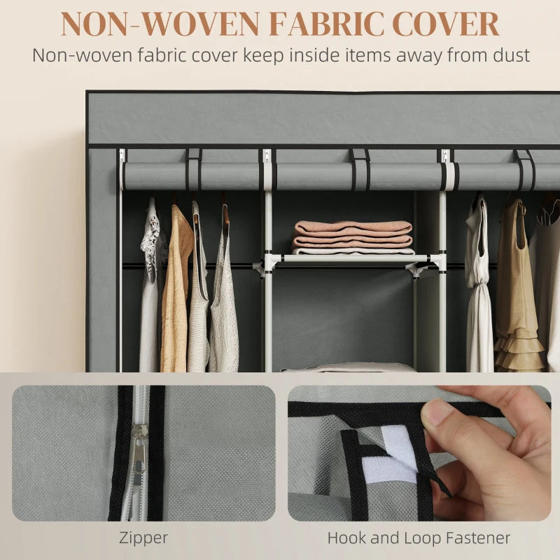 Portable Fabric Wardrobe with Shelves and Hanging Rails for Bedroom Storage Light Grey