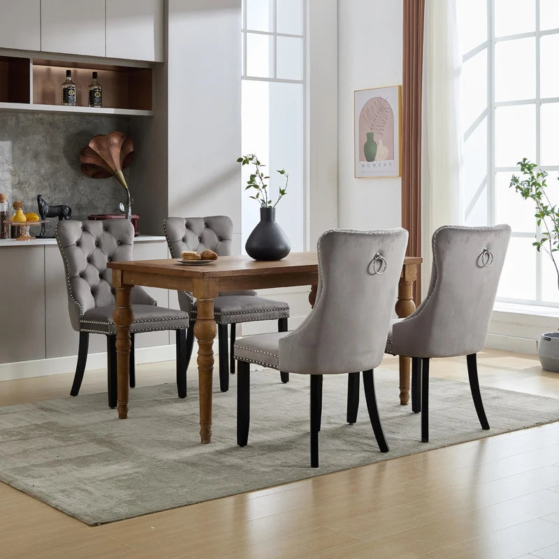 Set of 4 Grey Velvet Dining Chairs with Button Tufted Backrest, Wingback Design, Solid Rubber Wood Legs, Foot Pads