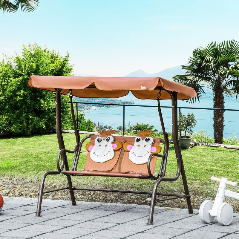 Brown Kids Garden Swing Seat with Adjustable Awning and Monkey Pattern