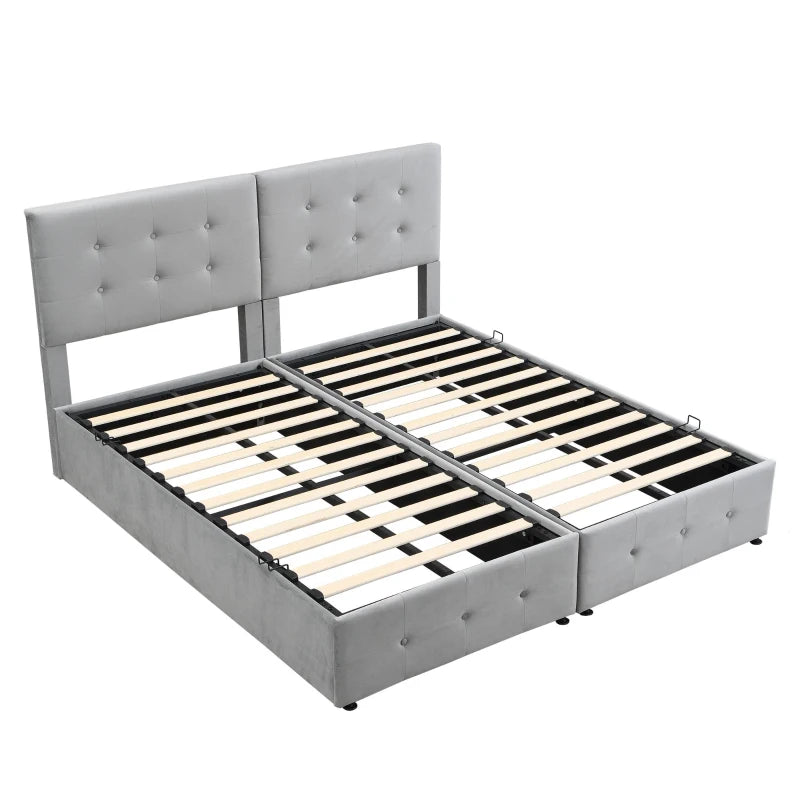 Velvet Upholstered Double Bed with Hydraulic Lift Storage Iron Frame Grey 197x181x105 cm