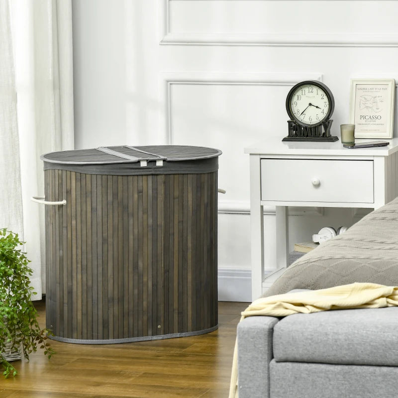 Bamboo Laundry Basket with Lid - 100L Hamper, 2 Sections, Removable Washable Lining, Grey, 62.5x37x60.5cm