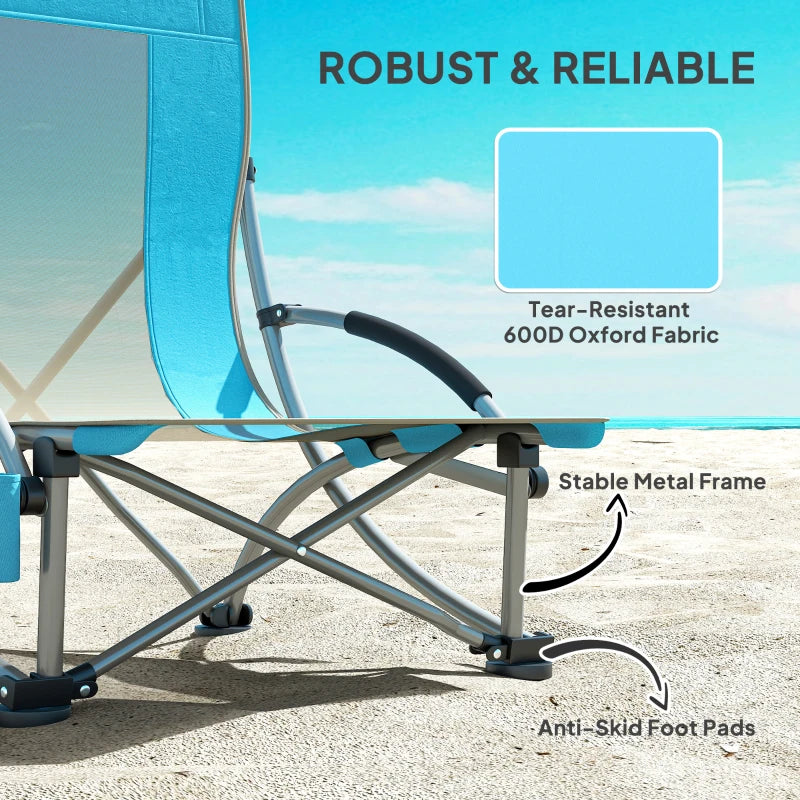 Set of 2 Low Folding Beach Chairs with Mesh Back Carry Bag and Cup Holder for Outdoor Camping Garden Picnic Travel Blue