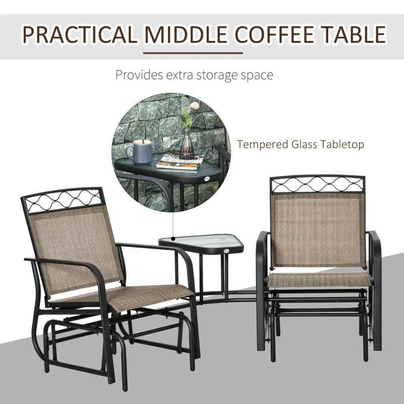 Brown Double Patio Glider Chair with Table - Outdoor 2 Seater Rocking Bench