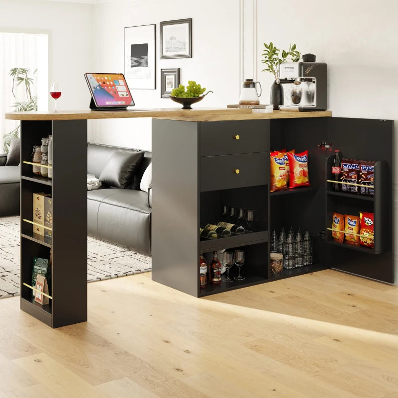 360° Swiveling Bar Table with 2 Drawers & Multi-Tiered Shelves - Stylish Storage Cabinet for Living Room & Study, Black