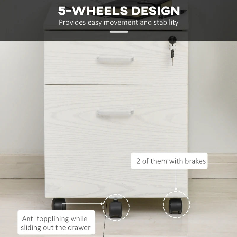 Vinsetto 2-Drawer Locking Office Filing Cabinet with Wheels - A4 Storage Cupboard for Home Organization - White Wood Grain