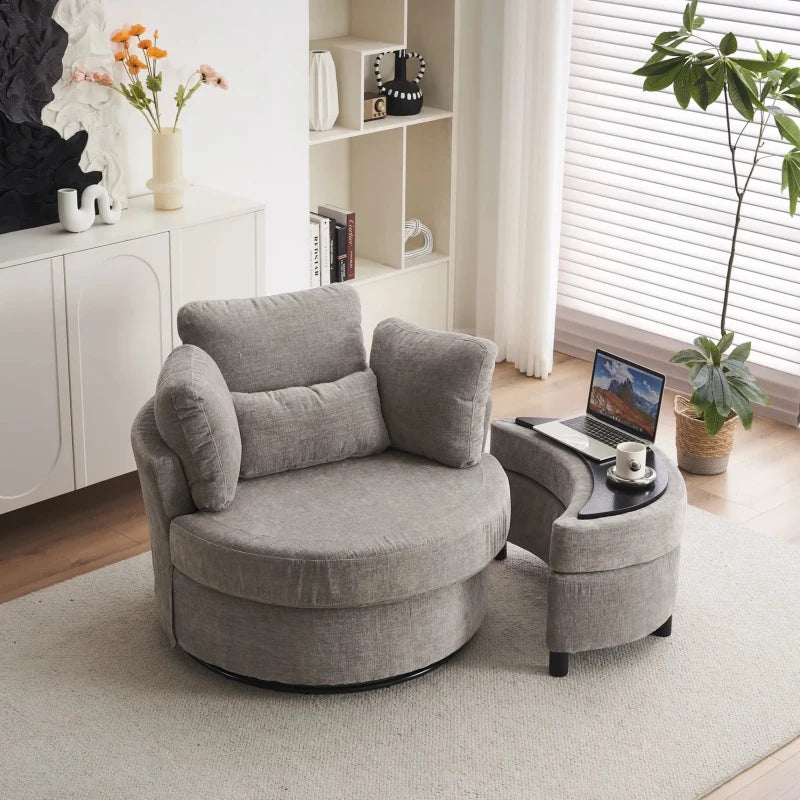 Stylish Grey Chenille Swivel Armchair with 3 Back Cushions and Crescent Ottoman Stool, 360° Rotation, 107L x 105W x 82H cm