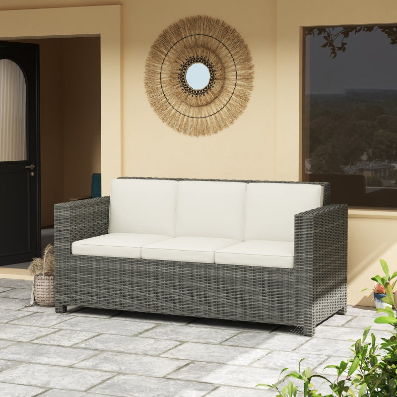 3 Seater Rattan Sofa - All-Weather Wicker Weave - Metal Frame - Fire Resistant Cushions - Cream