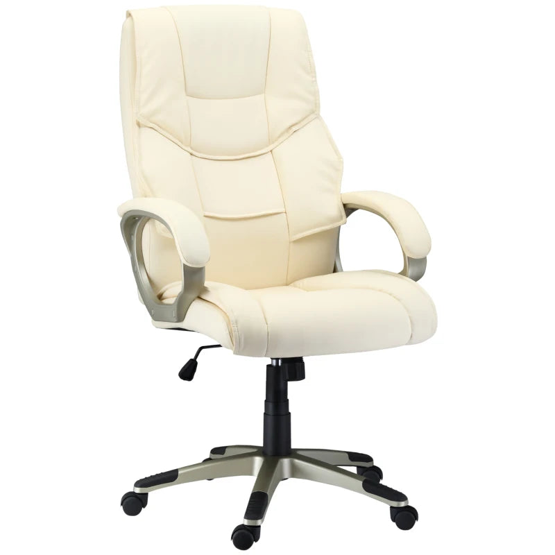 High Back Home Office Chair - Adjustable Cream White Faux Leather Desk Chair with Rocking Function