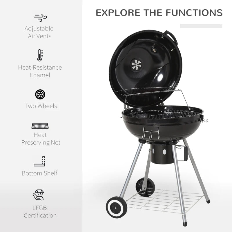 Portable Charcoal Grill with Wheels - Black/Silver, 57x63x94 cm