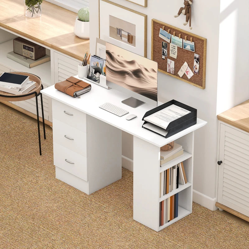 Modern White Computer Desk with 3 Storage Shelves & Drawers, Stylish Writing Table for Home Office, Silver Handle