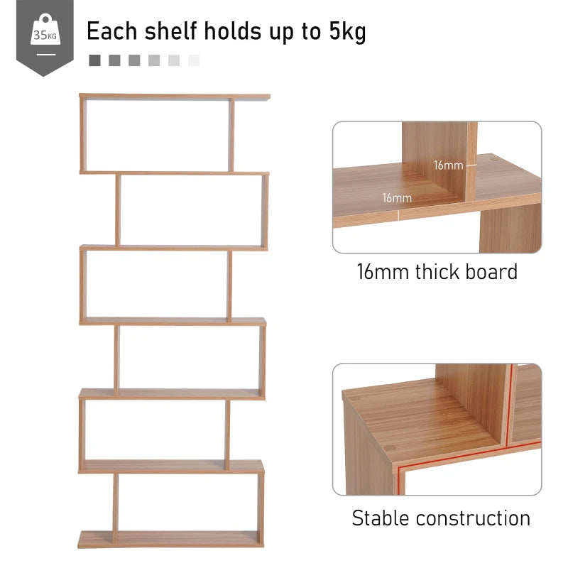Unique 6-Tier S-Shaped Bookcase - Stylish Storage & Display Shelf for Living Room, Bedroom, Home Office, Plants - Maple Finish