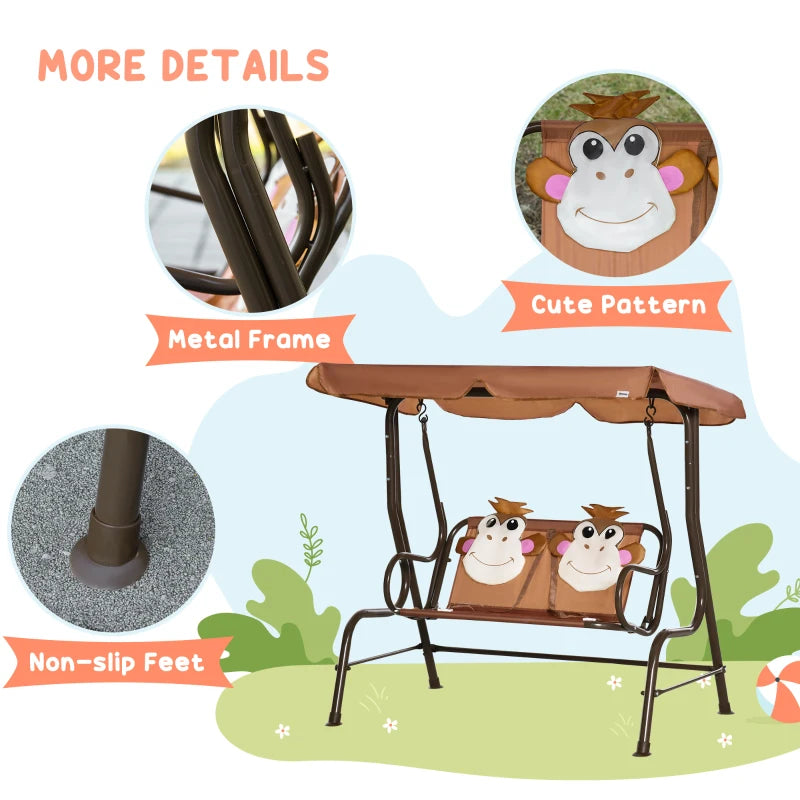 Brown Kids Garden Swing Seat with Adjustable Awning and Monkey Pattern