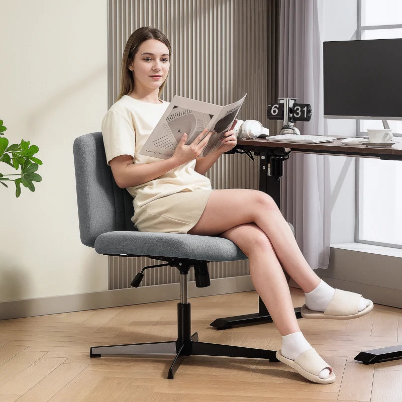 Armless Grey Office Chair - Linen Fabric, Criss Cross Legs, Wide Seat, Thick Padding, Adjustable Height, No Wheels