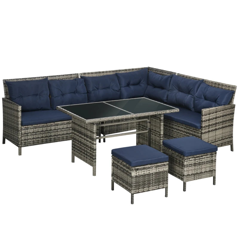 8-Seater Rattan Sofa With Glass Table & Blue Cushions