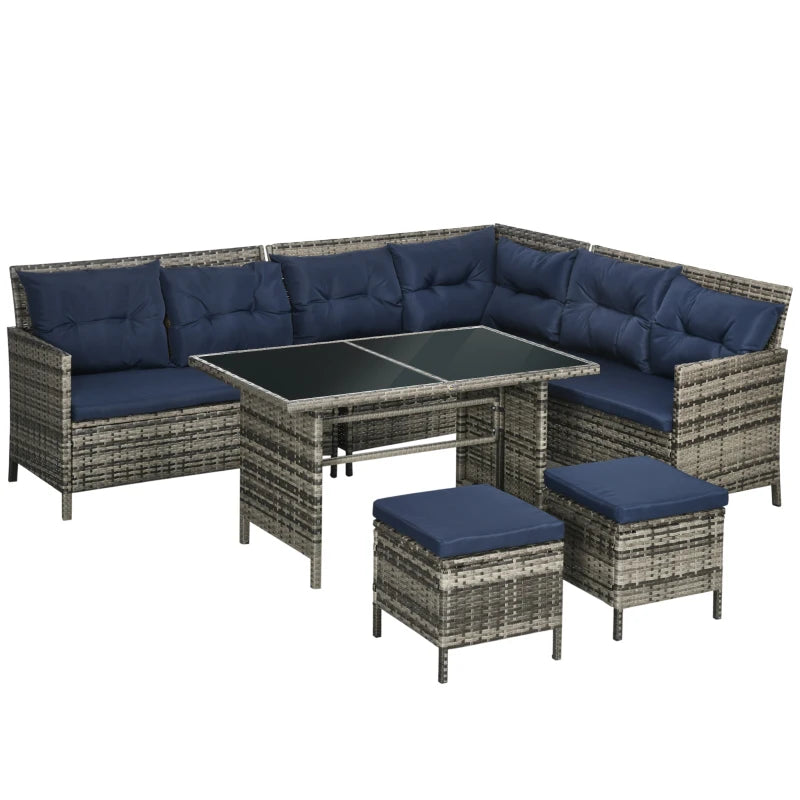 8-Seater Rattan Corner Sofa With Glass Table & Blue Cushions