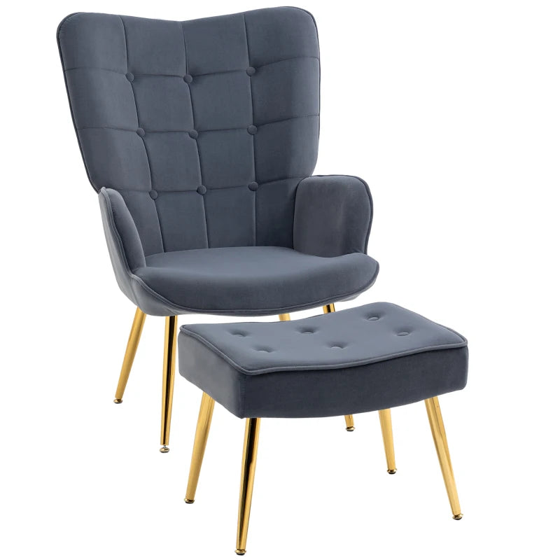 Stylish Velvet Wingback Armchair with Footstool for Living Room, Bedroom or Home Office in Dark Grey