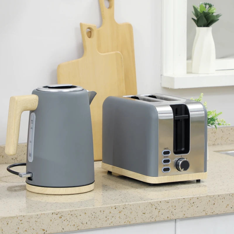 Stainless Steel Kettle & Toaster Set - 1.7L Fast Boil Kettle 3000W & 2 Slice Toaster with 7 Browning Levels, Grey