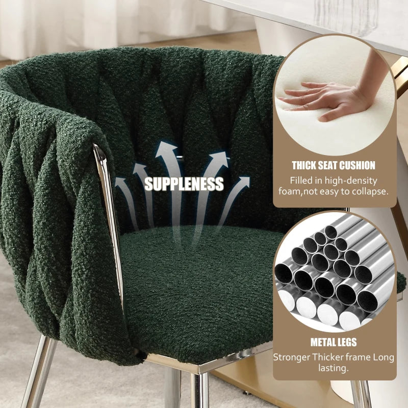Set of 2 Modern Emerald Dining Chairs with Silver Legs, Hand-woven Backrest, Upholstered Boucle Armrests, 54x52x73 cm