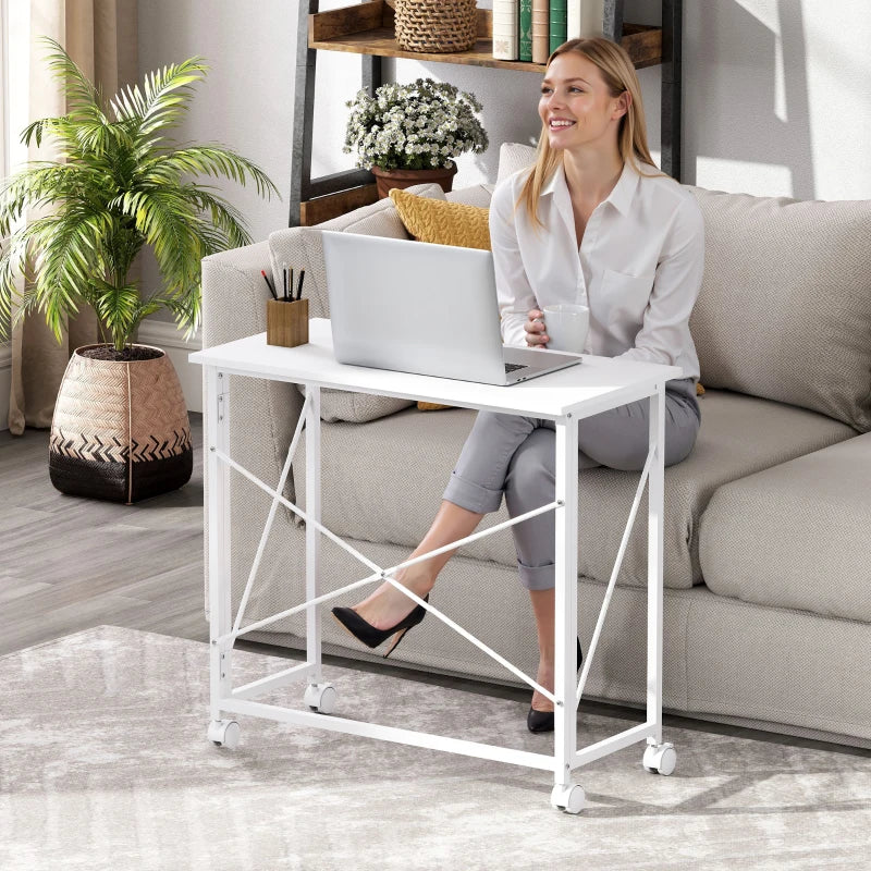 Versatile 80 cm Folding Desk on Wheels - Space-Saving White Home Office Table for Easy Mobility and Storage