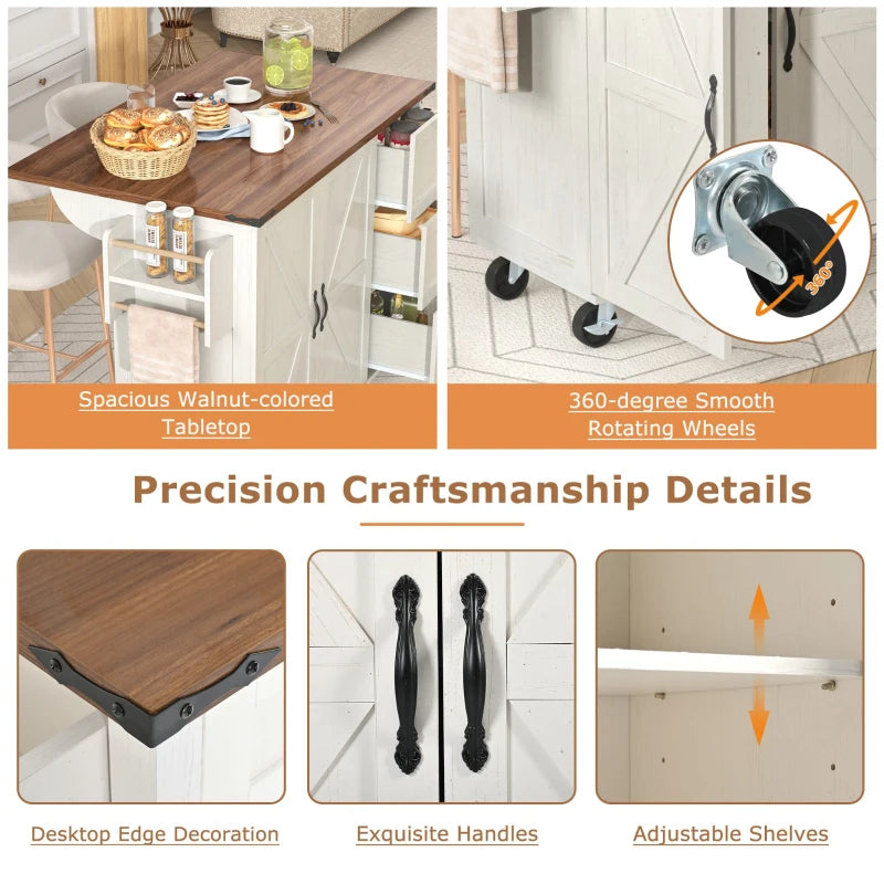 Elegant White Kitchen Island with Extendable Worktop & Smooth Wheels, Ample Storage Serving Cart, 140L x 45W x 92.5H cm