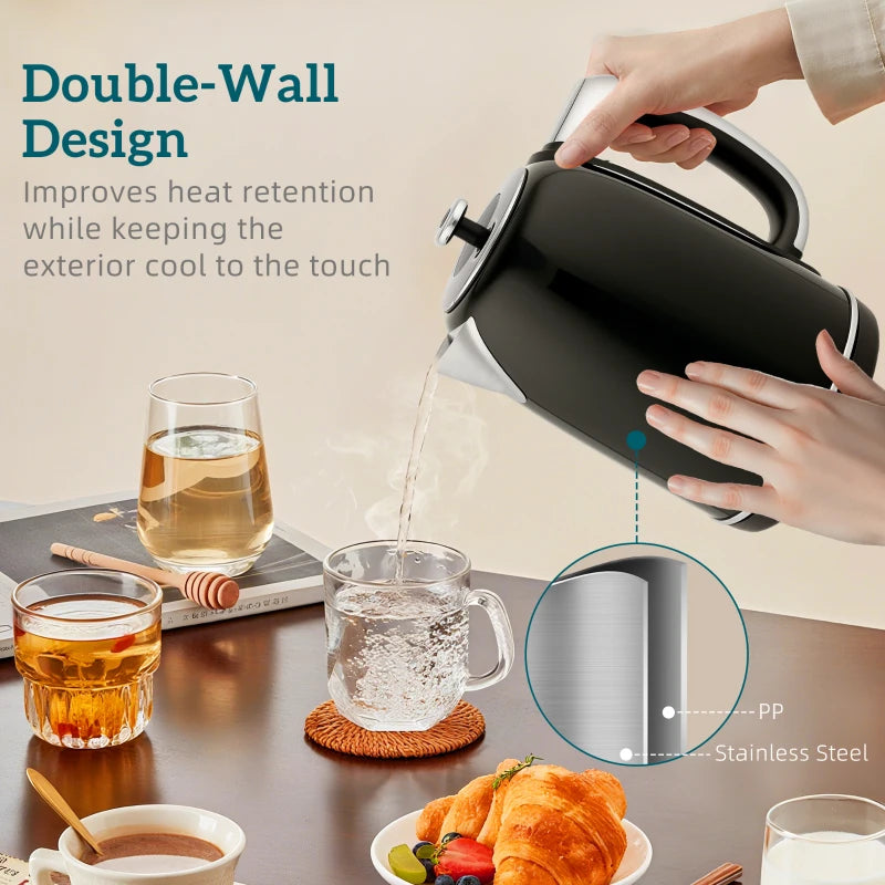 Polished Retro Black Kettle and Toaster Set - Stylish 40-100°C Temperature Control for Modern Kitchens