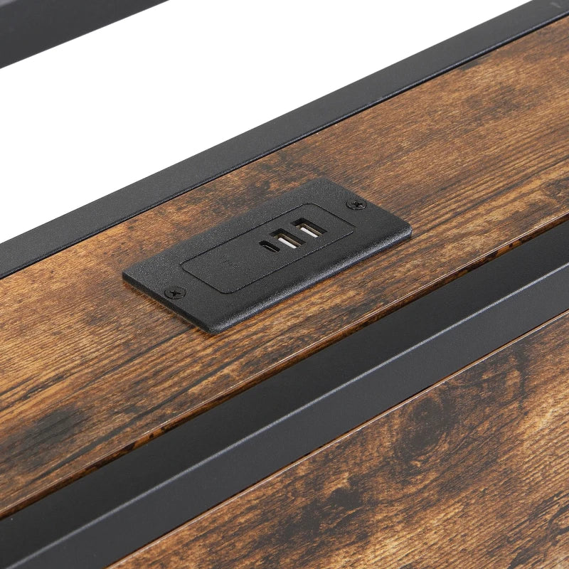 Metal Double Bed with LED Light Strip, 4 Drawers & 3 USB Ports - Black & Dark Walnut, 207.5x135x105 cm