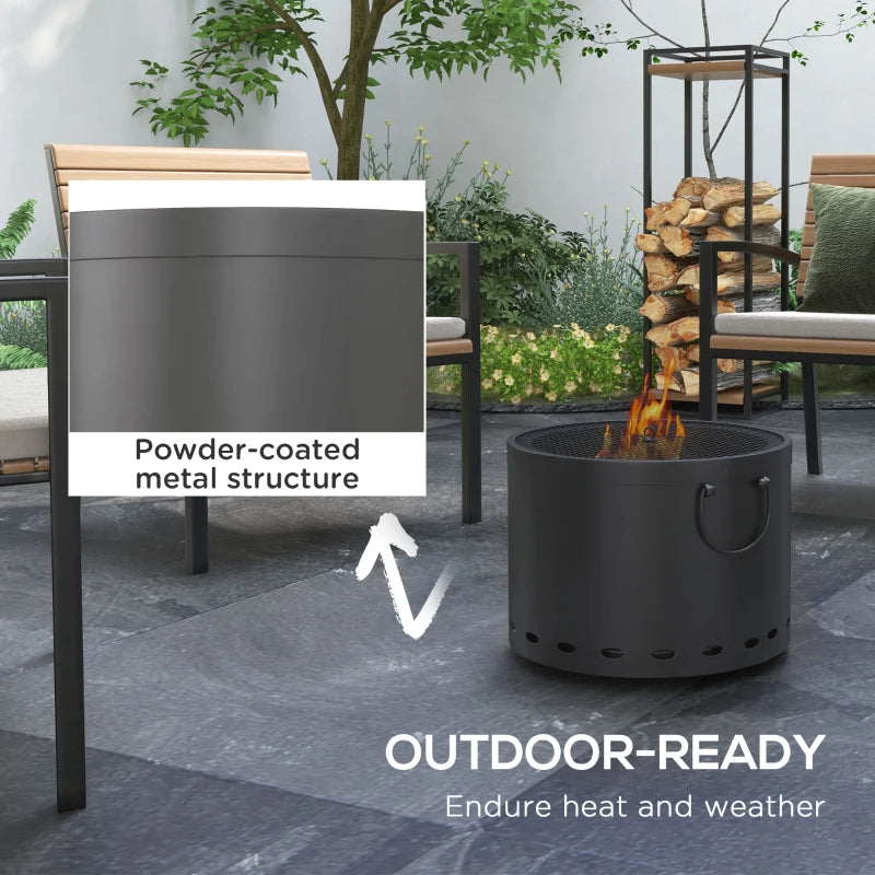 Portable 38cm Dark Grey Smokeless Fire Pit with Spark Screen and Poker - Low Smoke Wood Burning Bonfire Stove for Garden, Patio, and Picnic