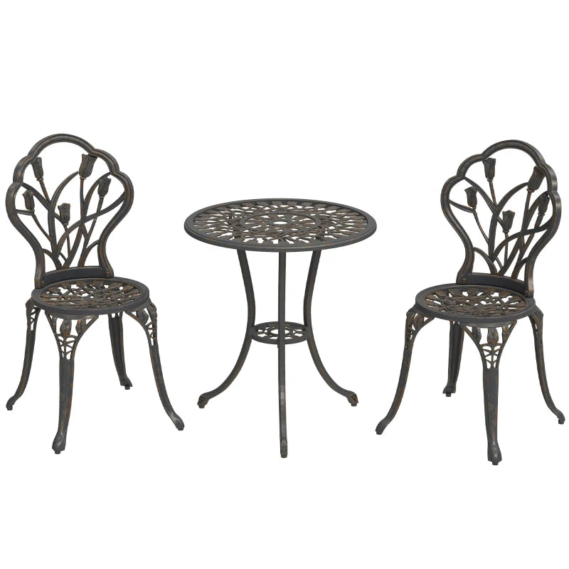 3 Piece Bronze Outdoor Patio Bistro Set for 2 - Aluminium Garden Table and Chairs with Umbrella Hole for Balcony