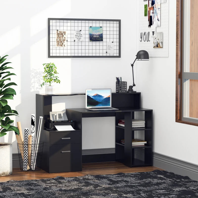 Large Black Computer Desk with Drawers & Storage Shelves - Office Writing Table & Printer Stand for Home Office, 137x55x92cm