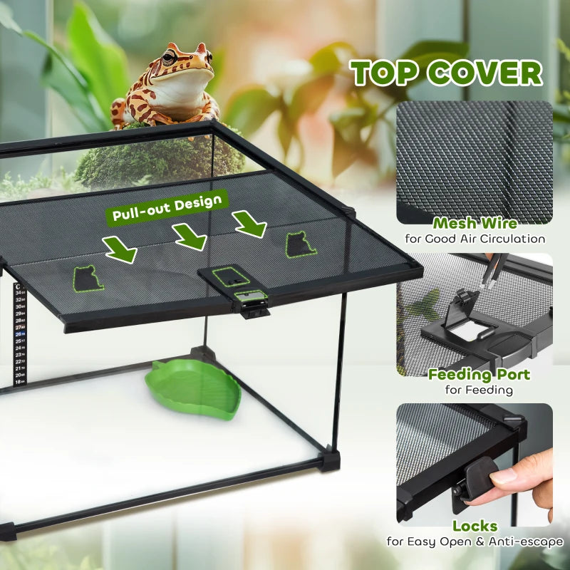 Large Glass Reptile Terrarium 50x30x35cm - Insect Breeding Tank with Thermometer for Lizards, Frogs, Snakes & Spiders