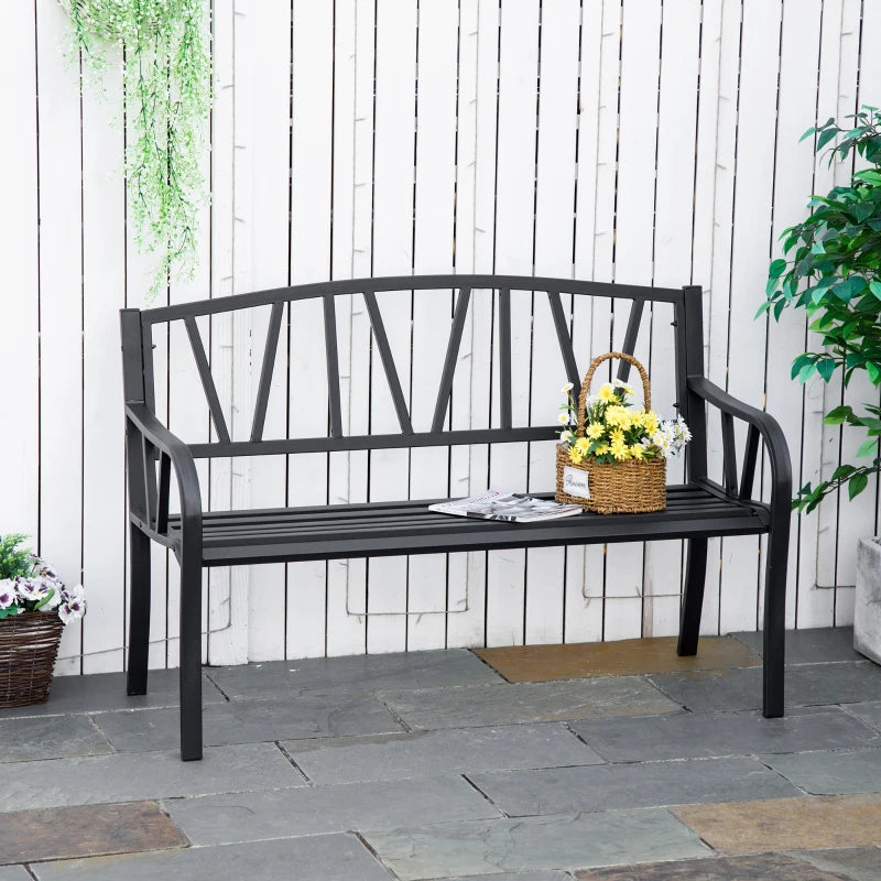 Metal Garden Loveseat Bench - 2-Seater, Decorative Backrest, Ergonomic Armrest - Black