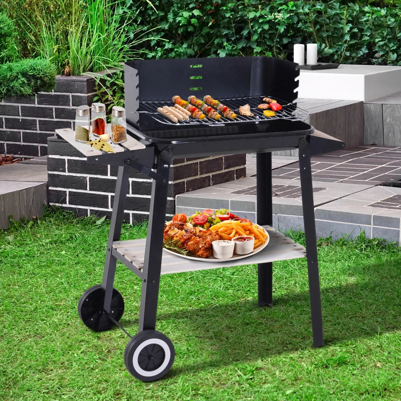 Charcoal BBQ Grill with Side Trays and Storage Shelf - Outdoor Patio Garden